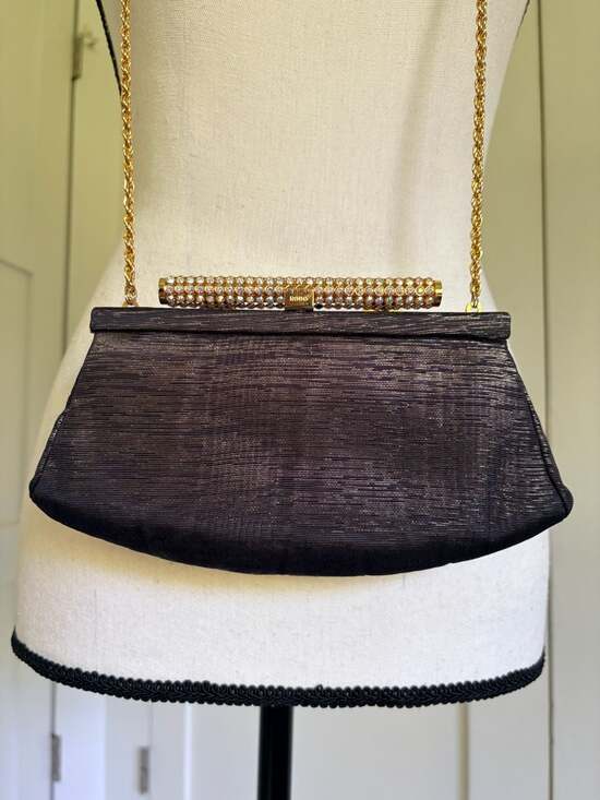 Rodo Handbags - Vintage Rodo Italy Black Metallic Clutch with Jeweled Crystal Clasp and Chain